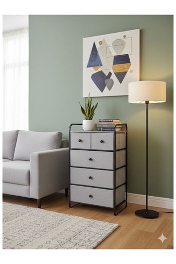 ABAREEK 5-Drawer Fabric Dresser - Large Capacity Bedroom Organizer Unit with Wood Top (Black/Grey)