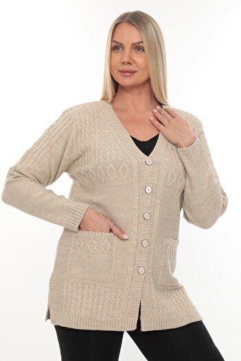 İKSUN Women's Buttoned Pocket V-Neck Knit Wool Mother Knitwear Winter Cardigan