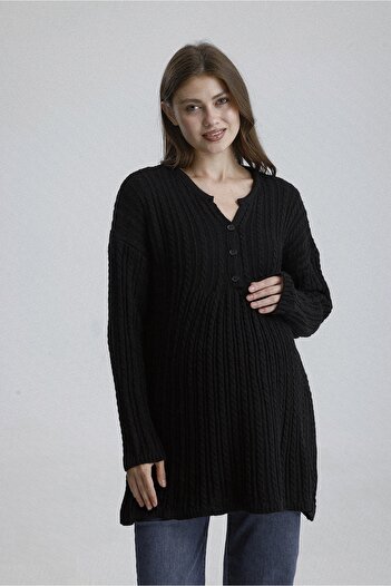 KATLİN MATERNİTY WEAR Hair Braid Pattern Maternity Tunic, Thick and Lycra Knit Fabric, Collar Button Detail (Breastfeeding)