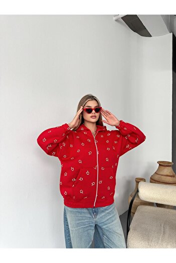 BAİA COLLECTION Pink Finger Printed Oversize Hooded Zippered Cardigan