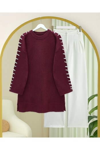 Modamorfo Striped Knit Tunic with Drawstring Sleeves - Burgundy