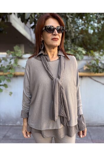 DenizEge Italian Shirt with Scarf Knitwear Mink