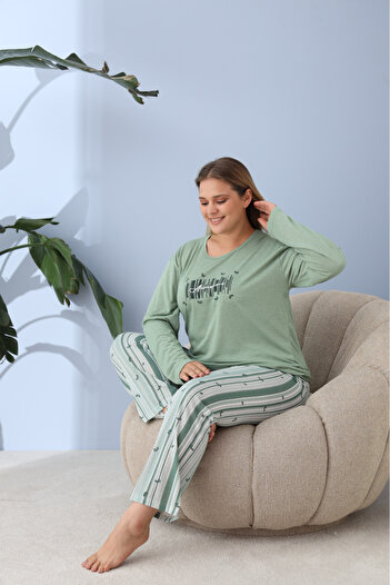 embody Women's Comfortable Cotton Pyjamas, Set with Blouse and Long Trousers, cotton, green 60157