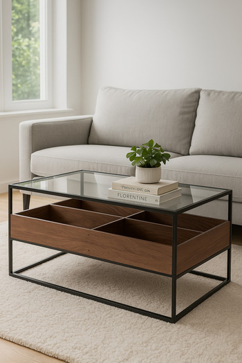 MARIA HOMES Walnut Coffee Table with Glass Top & Black Metal Frame – 120×60×45 cm