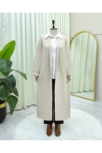 Modamorfo Collared Long Loose Soft Cardigan - Ecru