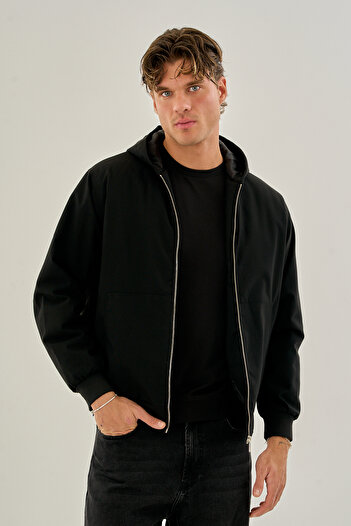 Rogyi Tekstil Men's Premium Quality Hooded Black Jacket – Straight Cut, Elegant Look, High-Quality Fabric