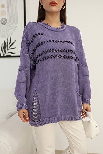 AYASOFYA OTANTIK Women's Purple Round Neck Distressed and Ripped Detailed Pocketed Long Sleeve Loose Cotton Knitwear Sweater Blouse
