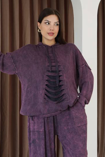 AYASOFYA OTANTIK Women's Burgundy Hooded Vintage Detailed Loose Cotton Knit Sweater