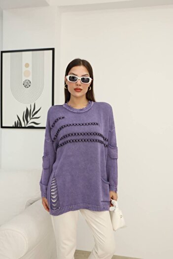AYASOFYA OTANTIK Women's Purple Round Neck Distressed and Ripped Detailed Pocketed Long Sleeve Loose Cotton Knitwear Sweater Blouse