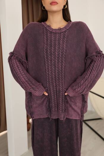 AYASOFYA OTANTIK Women's Purple Round Neck Tassel and Distressed Detail Casual Cotton Knitwear Sweater Blouse with Bag Pockets