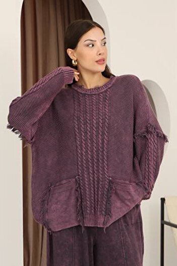 AYASOFYA OTANTIK Women's Purple Round Neck Tassel and Distressed Detail Casual Cotton Knitwear Sweater Blouse with Bag Pockets
