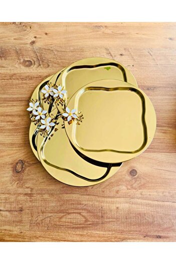 BİMOTE 6-Piece Luxury Round and Square Gold 23X23 Daisy Accessory Coffee Presentation Tray
