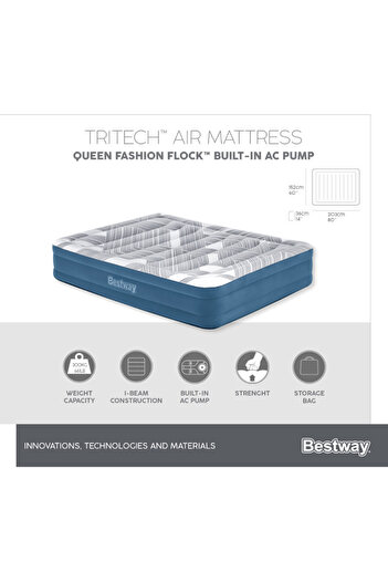 TSUMAB Bestway Tritech™ Queen Air Mattress with Built-In AC Pump – Fashion Flock Design