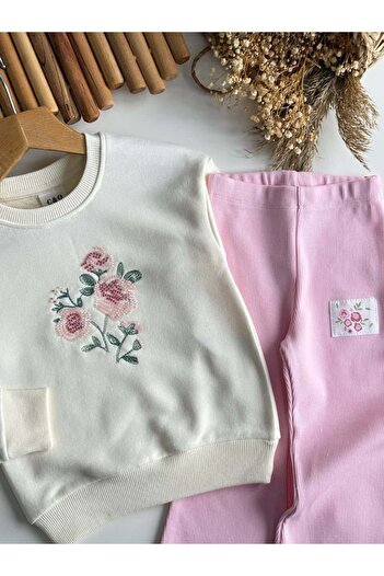 Elidabutik Floral Embroidered Pink Suit
