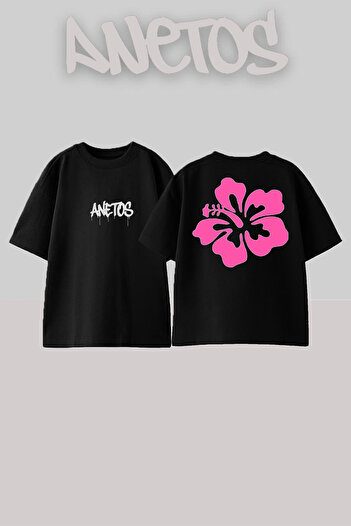 Anetos Flower 5 Design Back Printed Cotton Black Oversize T-Shirt