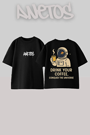 Anetos Astranot Coffe Design Back Printed Cotton Black Oversize T-Shirt
