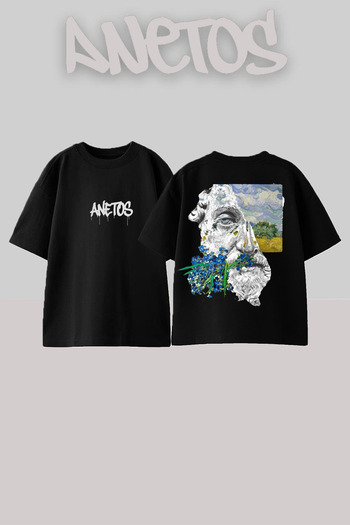 Anetos Flowwers Sculpture Design Back Printed Cotton Black Oversize T-Shirt