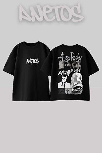 Anetos Asap Rocky 5 Design Back Printed Cotton Black Oversize T-Shirt