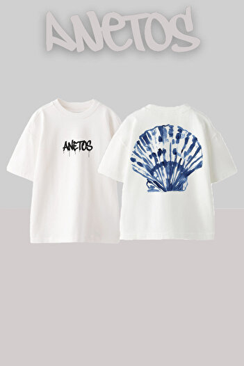 Anetos Sea Shell Design Back Printed Cotton White Oversize T-Shirt