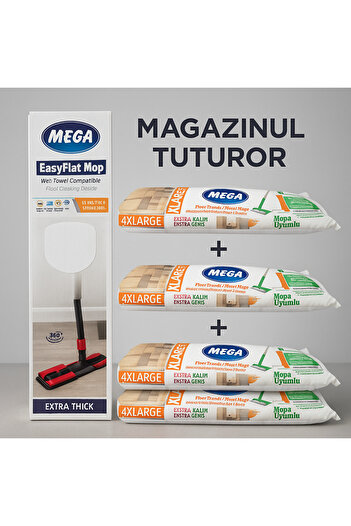 MEGA Professional EasyFlat Mop with Compression Mechanism + 3x Microfiber Cloth Included, 120 cm,
