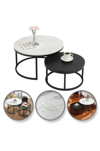 JollyMag Set of 2 coffee tables, marble look, 2 in 1, black and white, diameter 60 and 80 cm, JollyMag, STL 1