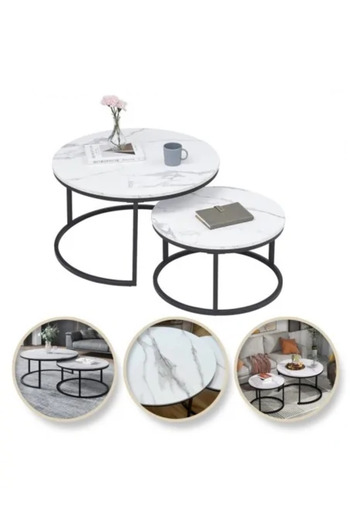 JollyMag Set of 2 coffee tables, marble look, 2 in 1, white, diameter 60 and 80 cm, JollyMag, STL 14
