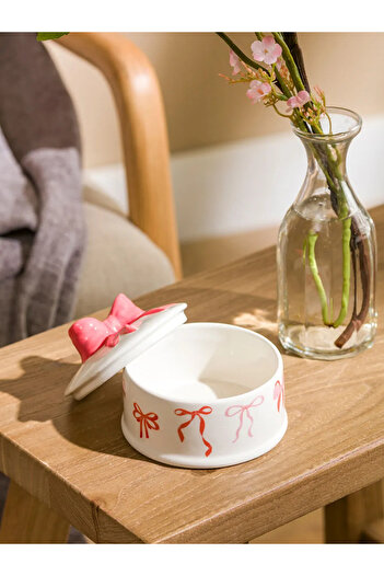 LC Waikiki Lcw Home Red Bow Printed Ceramic Storage Container 9 cm