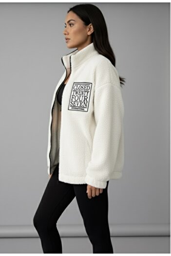 Minharir Women's Bato Collar Zippered Pocket Plush Fleece Jacket