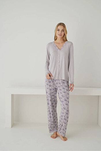 Pijamoni Women's Ring Viscose Fabric Lace Collar Detailed Lilac Pajama Set