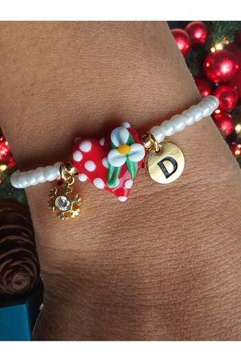 Amabel Jewelerys New Year's Heart Murano, Zircon Snowflake and Letter Detailed Bracelet