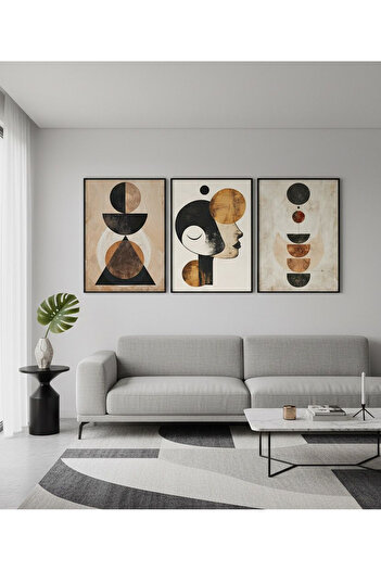 Linacci Set of 3 Black Metal Framed Brown Abstract Artistic Glass Paintings