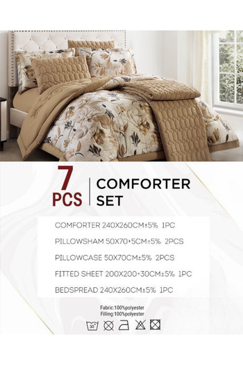 Generic 7-Piece Floral Bed Comforter Set - 240x260cm Quilted Comforter with 2 Pillowshams, 2 Pillowcases, Fi