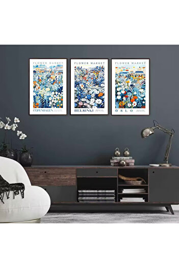 Linacci Set of 3 Black Metal Frame Nordic Blue Flower Glass Paintings