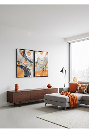 Linacci Set of 2 Black Metal Frame Orange Artistic Glass Painting