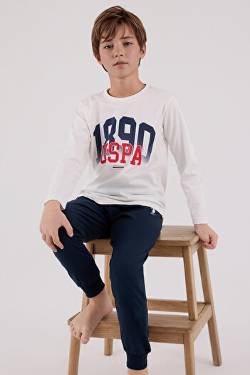 U.S. Polo Assn. Boys' Pajama Set – 1890 Printed White & Burgundy Color Options, Comfortable Cotton Model