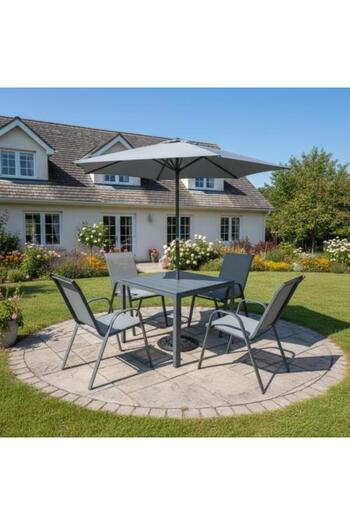 Family Ship Outdoor Dining Table Set with 4 Chairs and Umbrella - Grey