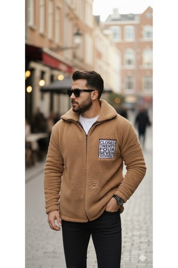 Minharir Men's Black Zippered Plush Jacket – Soft Texture, Cold Weather Friendly