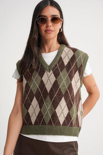 Distimi Women's Diamond Patterned Knitwear Sweater Khaki