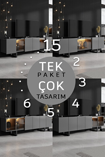 Modatte ZENİT TV ÜNİTESİ 15 TASARIM TEK PAKET DUVARA MONTAJ, METAL AYAKLI, FÜME PVC CAM, LED IŞIK MD2601