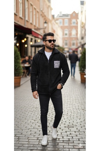 Minharir Men's Black Zippered Plush Jacket – Soft Texture, Cold Weather Friendly