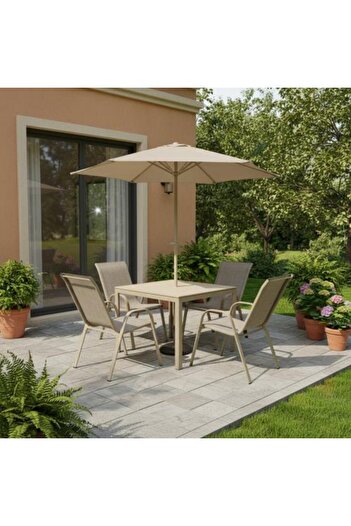 Family Ship Outdoor Dining Table Set with 4 Chairs and Umbrella - Beige