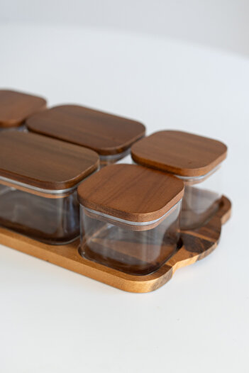 Dekorzdükkan 6-Piece Acacia Stand Square/Rectangular Glass Breakfast Set (Acacia Vacuum Lid)