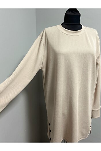 MSA Giyim Women's Ribbed Slit Detailed Long Sleeve Solid Color Casual Stretchy Tunic Sweat Hijab Combed Cotton