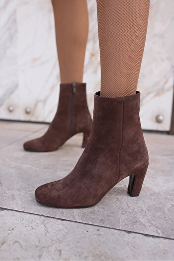 ANGELİNA JONES Cezary Women's Brown Genuine Leather Suede Heelled Booties