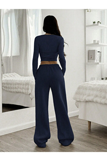 S&A DESIGN Women's Navy Blue Winter 2-Thread Ribbed Thick Fleece-Lined Combed Cotton Fabric Sweatpants
