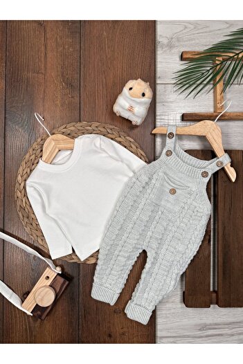 Kids Kingdom Knitwear Pocket Detailed Salopet Jumpsuit 2-Piece Baby Boy Set