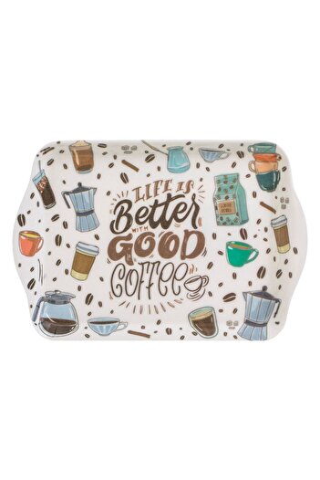 OEM Ecru Serving Tray with Coffee Bean Pattern & Message "Life is better with good coffee" 21x14.5x1.5cm