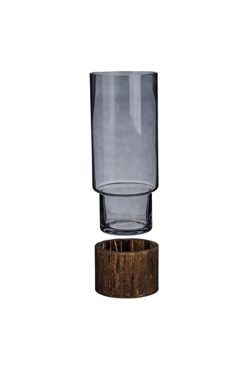 OEM Decorative Smoked Gray Glass Vase with Wooden Base Ø12x30cm