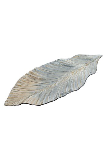 OEM Decorative Christmas Leaf-Shaped Plate Made of Silver Glass with Glitter 49x22cm