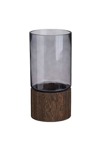 OEM Decorative Smoked Gray Glass Vase with Wooden Base Ø12x25cm